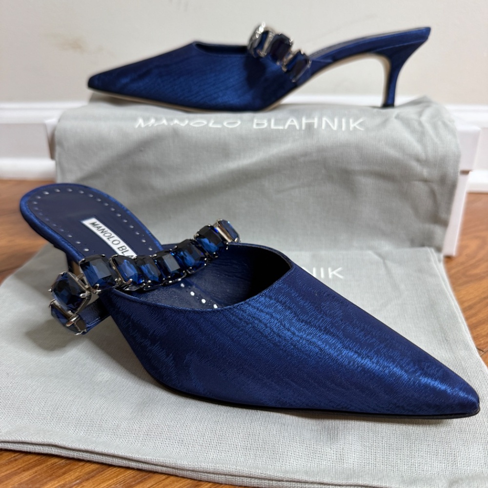 Manolo Blahnik Navy Blue Jeweled Slingback Pumps - Picture 8 of 8
